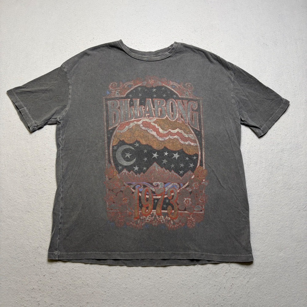 Billabong‎ Graphic T-Shirt Mens Small Charcoal 1973 Celestial Mountain Y2K Surf